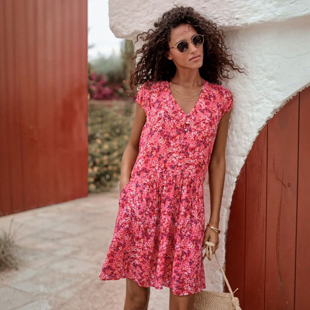 Garnet Hill Marina Crepe Dress Hibiscus Mini Floral Pink Size Medium